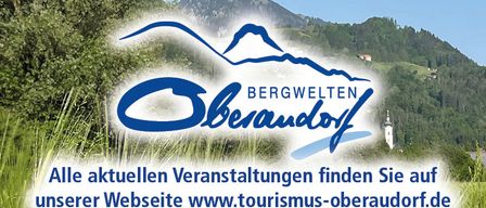 Ein Banner zeigt einen Berg und Grünpflanzen mit dem Logo für Bergwelten Oberndorf und eine Website-Adresse.