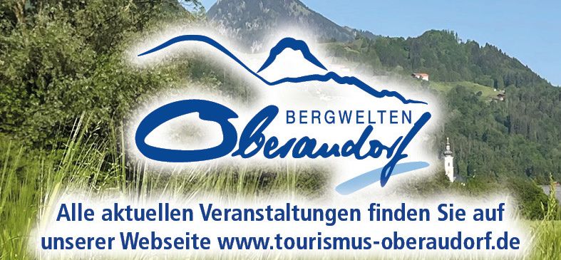 Ein Banner zeigt einen Berg und Grünpflanzen mit dem Logo für Bergwelten Oberndorf und eine Website-Adresse.