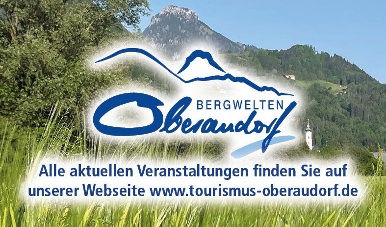 Ein Banner zeigt einen Berg und Grünpflanzen mit dem Logo für Bergwelten Oberndorf und eine Website-Adresse.