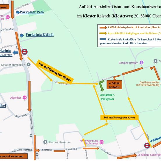 Die Karte zeigt Routen für Aussteller und Fußgänger/Radfahrer zur Kunst- und Handwerkermesse im Kloster Reischach. Markierte Parkplätze sind angegeben, kostenlose Parkplätze für Besucher. Routen zum Kloster Reischach sind ausgewiesen.