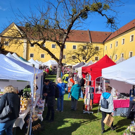Ein geschäftiger Outdoor-Markt mit mehreren Zelten auf einer Rasenfläche vor einem gelben Gebäude unter blauem Himmel. Die Leute kaufen ein und interagieren.