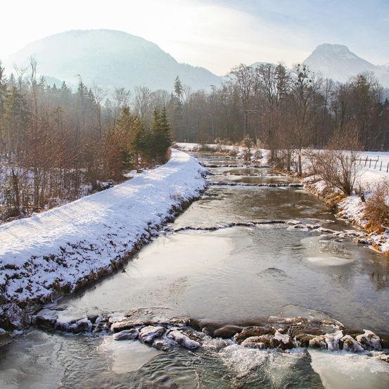 Eine verschneite Landschaft zeigt einen mäandernden Fluss mit Eisflecken, gesäumt von schneebedeckten Bäumen und Bergen im Hintergrund.