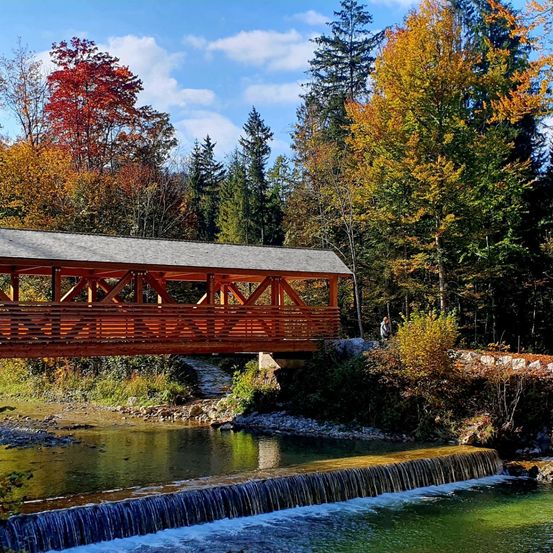 Eine Holzbrücke mit grauem Dach überspannt einen Fluss mit einem Wasserfall, umgeben von bunten Bäumen im Herbst.