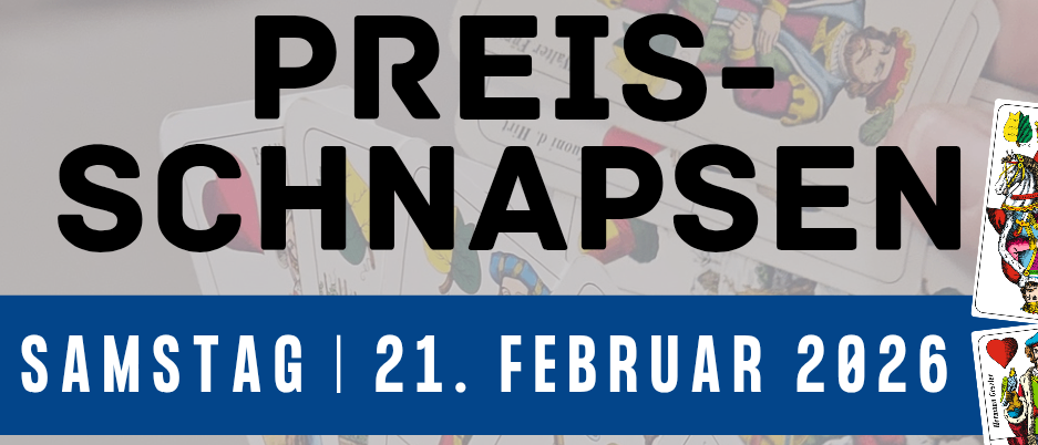 Plakat für eine Kartenspiel-Veranstaltung. Geplant für Samstag, 21. Februar 2026. Beginn um 14:00 Uhr in der Kirchbacher Sporthalle. Anmeldung ab 13:00 Uhr. Teilnahmegebühr: 15 Euro. 24 wunderbare Preise.