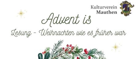 Ein kreisförmiger Kranz aus Grün und roten Beeren mit Textüberlagerung. Es steht 'Lesung - Weihnachten wie es früher war' und 'Sonntag, 07.12. 14:00'. In der unteren linken Ecke steht 'Lesung mit der Gailtaler Literaturrunde'. Unten rechts steht 'Cafe Edk Mauthen'.