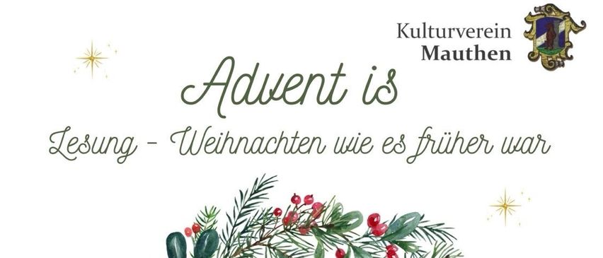 Ein kreisförmiger Kranz aus Grün und roten Beeren mit Textüberlagerung. Es steht 'Lesung - Weihnachten wie es früher war' und 'Sonntag, 07.12. 14:00'. In der unteren linken Ecke steht 'Lesung mit der Gailtaler Literaturrunde'. Unten rechts steht 'Cafe Edk Mauthen'.