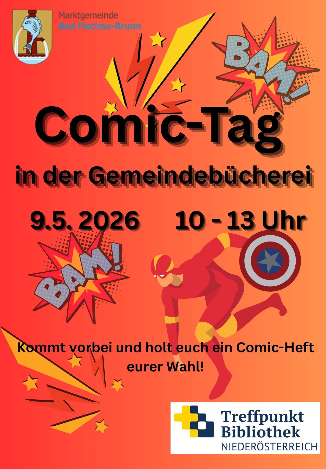 Plakat für Comic-Tag in der Gemeindebibliothek am 9. Mai 2026 von 10-13. Ein Superheld läuft mit einem Schild. Text: Komm vorbei und schnapp dir ein Comic deiner Wahl!