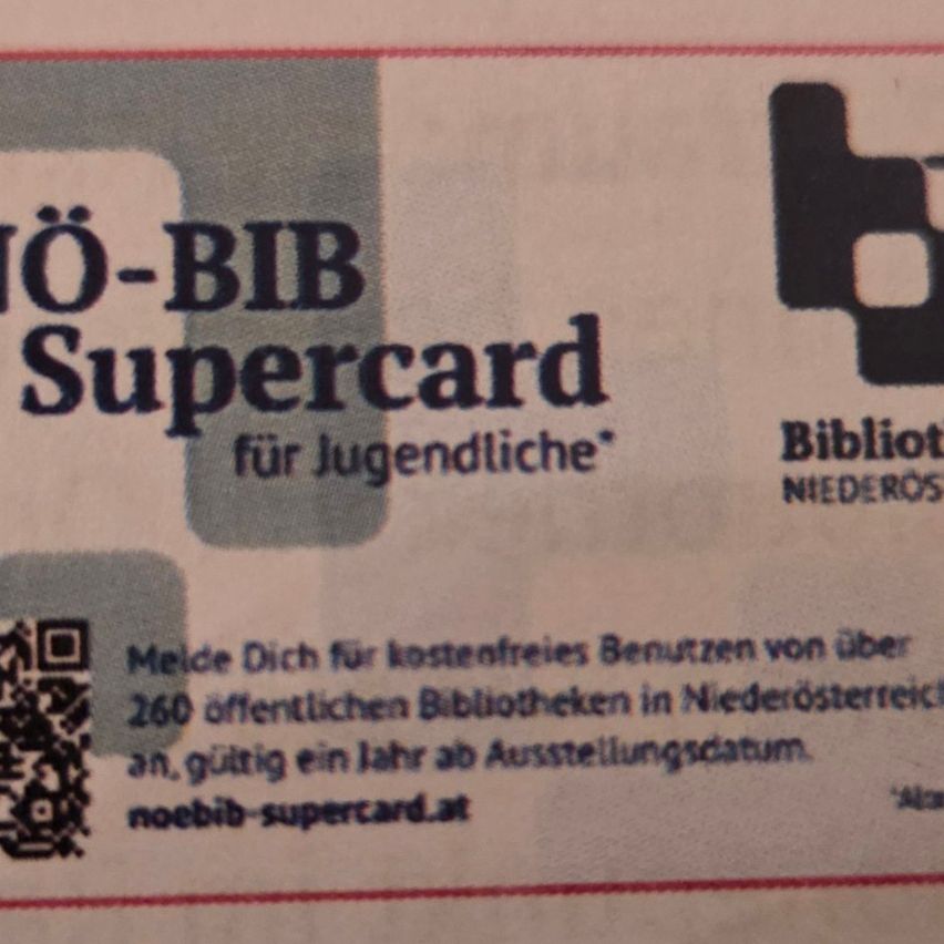 The image shows a library card for young people from Niederosterreich, valid for a year after registration. It allows free access to over 260 public libraries.