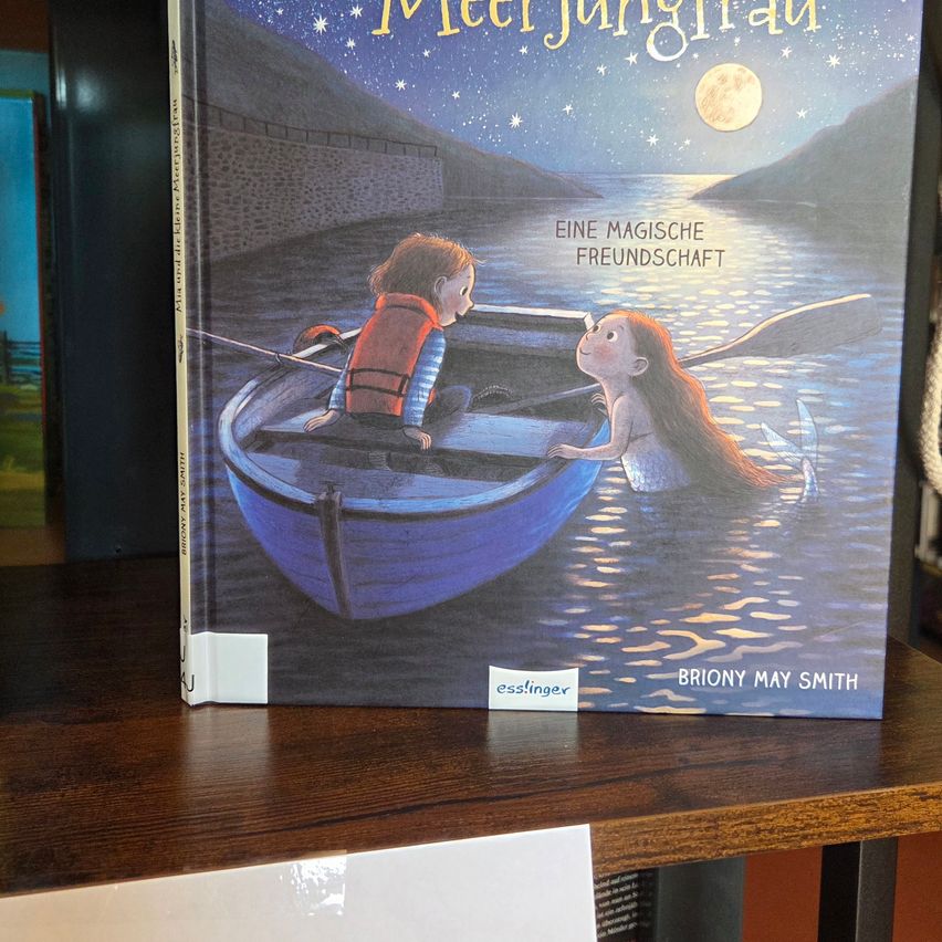 Ein Buch mit dem Titel Meet Jungfrau zeigt auf dem Cover einen Jungen und eine Meerjungfrau in einem Boot bei einem mondhellen Abend.