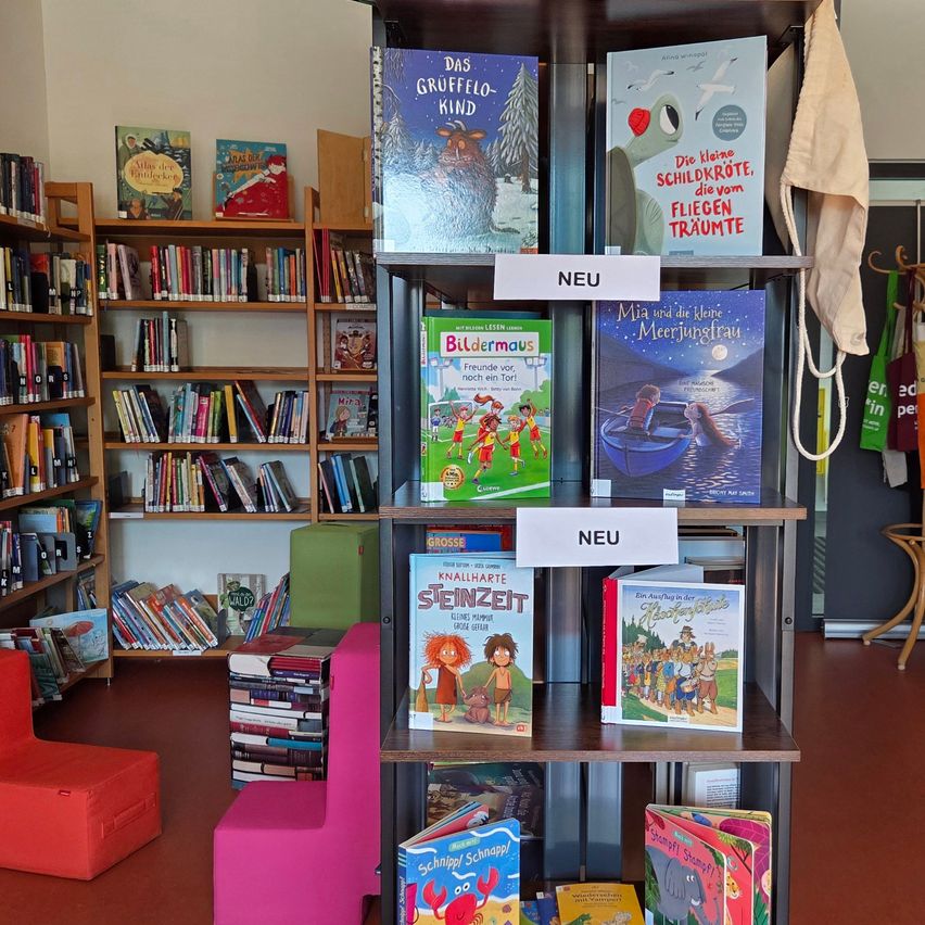 Ein Raum voller Bücher. Ein hölzener Bücherregal hält Kinderbücher, einige mit einem Etikett, das 'NEU' lautet. Regale im Hintergrund. Ein roter Stuhl links.