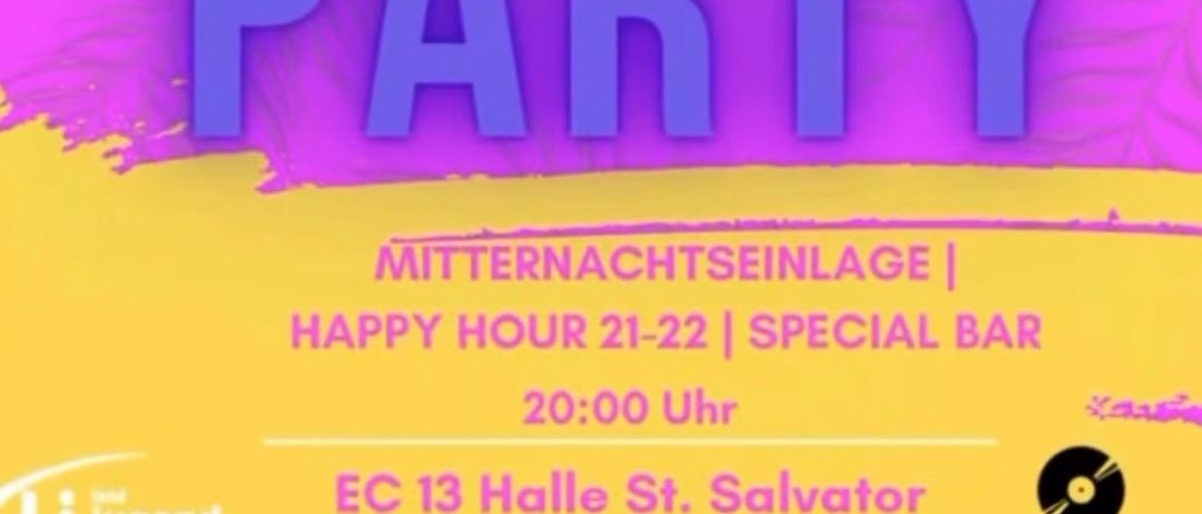 Plakat für eine Sommernachtsparty mit Happy Hour, Spezialbar und Eintrittsgebühr. Eventdetails umfassen Ort, Zeit und Sponsoren.
