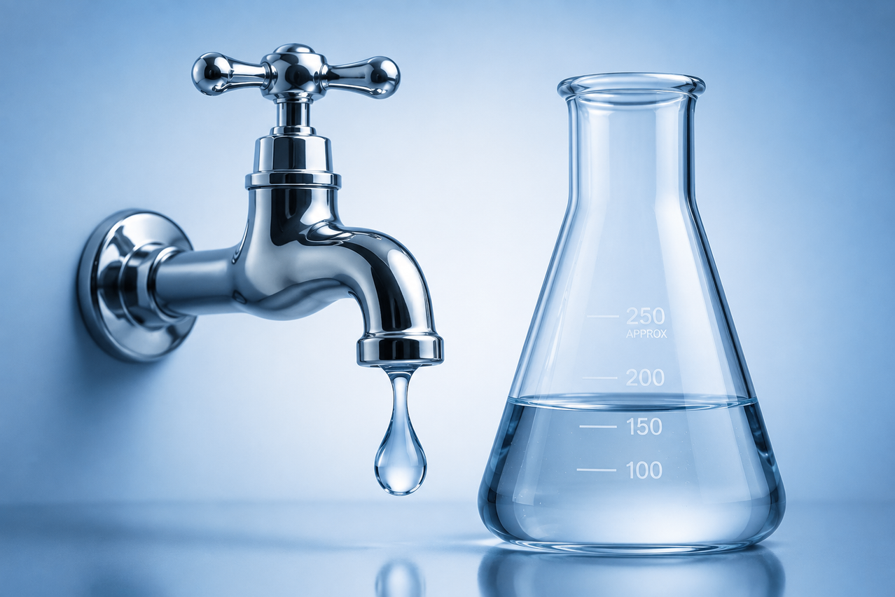Ein Wassertropfen fällt von einem glänzenden Wasserhahn in ein klares Becherglas mit Messmarkierungen.