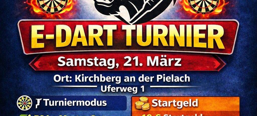 E-Dart-Turnierposter mit einem schwarzen Panther auf blauem Hintergrund. Es enthält Details wie Datum, Ort, Registrierungsmethode, Turniermodus, Teilnahmegebühr und mehr.
