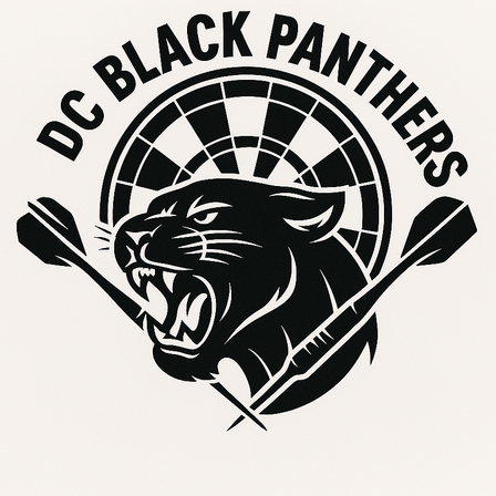 Das DC Black Panthers Logo zeigt einen wilden Pantherkopf mit einem Dartboard im Hintergrund, flankiert von zwei Darts.