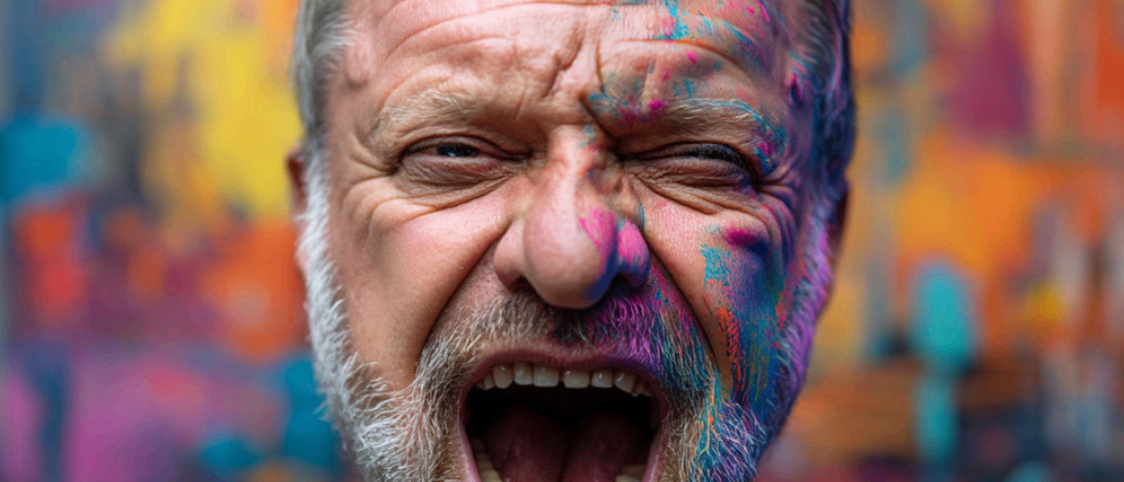 Ein älterer Mann mit grauem Bart und Schnurrbart, dessen Gesicht mit bunter Farbe bedeckt ist, schreit mit offenem Mund.