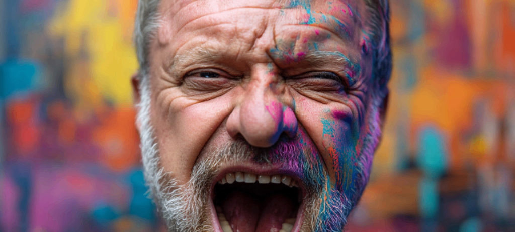 Ein Mann mit grauem Haar und Bart, dessen Gesicht mit bunter Farbe bedeckt ist, schreit mit offenem Mund vor einem lebhaften Hintergrund.