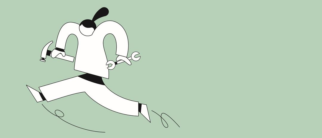Eine Illustration einer Person, die mit einem Schraubenschlüssel in der Hand läuft und nach vorne gebeugt ist.
