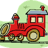 A red train with a gray roof and a chimney is on a track, surrounded by a green oval shape. The train has two wheels on each side and a large wheel in the front.