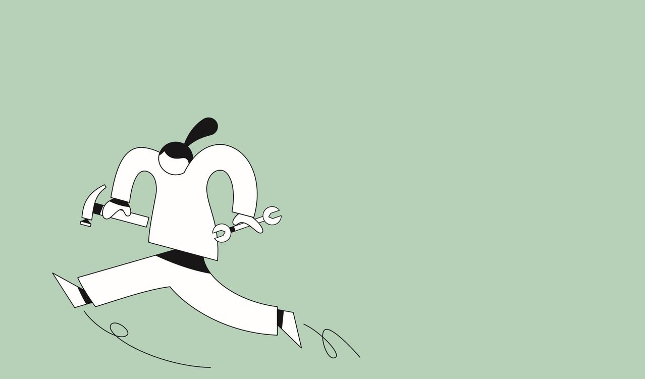 Illustration of a person running and holding a wrench in both hands. The person is wearing a white coat.