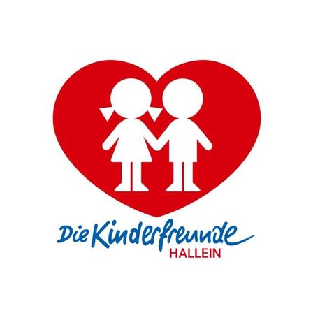Ein rotes Herz mit zwei Kindern, die Händchen halten, ein Junge und ein Mädchen, beschriftet mit 'Die Kinderfreunde Hallein'.