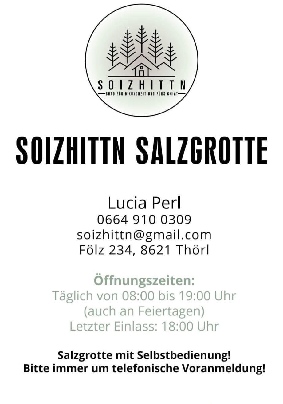 Visitenkarte für Soizhittn Salzgrotte mit Name, Telefonnummer, E-Mail, Adresse und Öffnungszeiten von Lucia Perl.