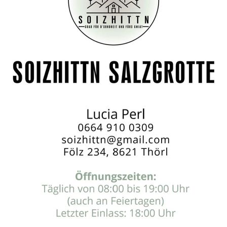 Visitenkarte für Soizhittn Salzgrotte mit Name, Telefonnummer, E-Mail, Adresse und Öffnungszeiten von Lucia Perl.