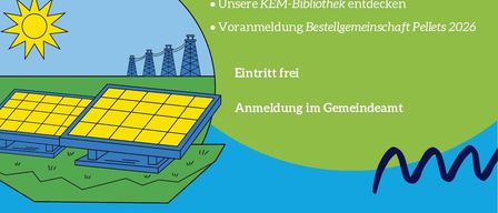 Ein Infografik-Poster mit grünem und blauem Hintergrund zeigt ein Solarpanel und eine Sonne und bewirbt eine kostenlose Veranstaltung mit Informationen zu Energiesparboxen, Energiegemeinschaft, Energieberatung, Fahrzeugregistrierung und einer Bibliothek zu Energiethemen. Die Anmeldung ist kostenlos und kann über das Gemeindeamt erfolgen. Die Veranstaltung findet am 16. Dezember 2025 von 15 bis 18 Uhr statt.