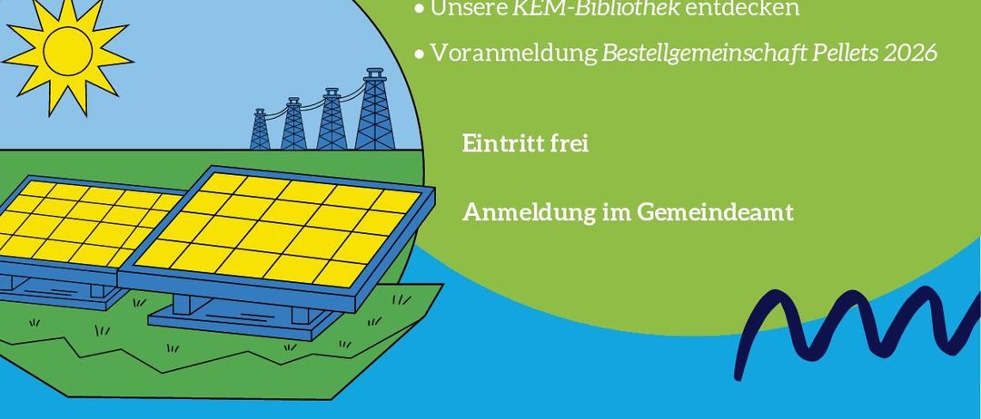 Ein Infografik-Poster mit grünem und blauem Hintergrund zeigt ein Solarpanel und eine Sonne und bewirbt eine kostenlose Veranstaltung mit Informationen zu Energiesparboxen, Energiegemeinschaft, Energieberatung, Fahrzeugregistrierung und einer Bibliothek zu Energiethemen. Die Anmeldung ist kostenlos und kann über das Gemeindeamt erfolgen. Die Veranstaltung findet am 16. Dezember 2025 von 15 bis 18 Uhr statt.