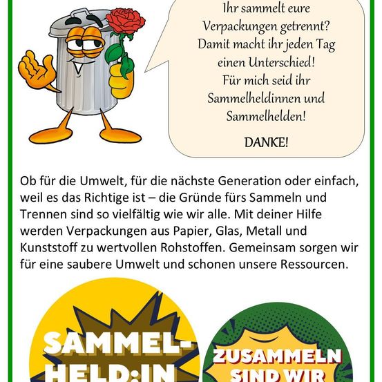 Ein Plakat fördert das Recycling und zeigt einen Mülleimer mit einer Rose und einer Botschaft über die Bedeutung des Recyclings für die Umwelt, zukünftige Generationen und die Schonung von Ressourcen. Es zeigt eine Figur, die für die Unterstützung dankt.