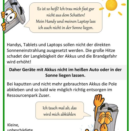 Eine Illustration mit einer Sonne und einem Cartoon-Charakter zeigt Tipps, wie man Geräte mit Batterien nicht in direktem Sonnenlicht lässt und alte Batterien richtig entsorgt.