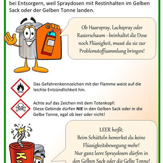Ein Bild zeigt einen Cartoon-Charakter und Sicherheitssymbole, die erklären, dass Sprühdosen mit Flüssigkeitsinhalt zur Problemstoffsammlung gebracht werden müssen. Leere Sprühdosen können in gelben Säcken oder Tonnen entsorgt werden.