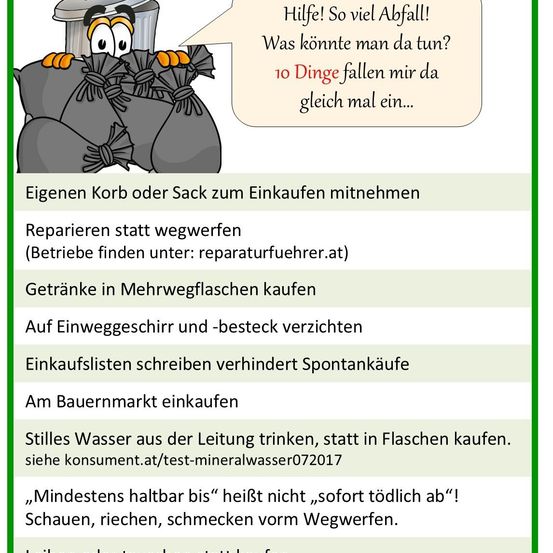 Infografik mit einem Mülleimer, einer Figur, die Müllsäcke hält, und einer Liste von Tipps zur Abfallreduzierung. Tipps umfassen das Mitbringen eigener Einkaufstüten, das Reparieren von Gegenständen statt des Wegwerfens, den Kauf von Getränken in wiederverwendbaren Flaschen und das Vermeiden von Einwegartikeln.