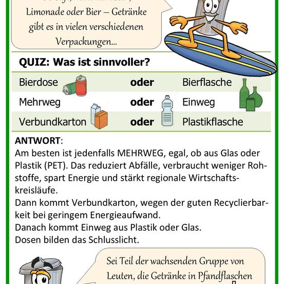 Infografik über Getränkeverpackungen, mit einem Quiz zu umweltfreundlichen Optionen. Es vergleicht verschiedene Verpackungsarten wie Dosen, Flaschen und Kartons und kommt zu dem Schluss, dass Mehrwegflaschen am besten sind.