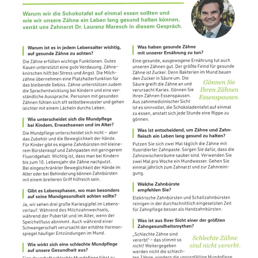Ein Artikel über Zahngesundheit zeigt einen Zahnarzt, der die Bedeutung gesunder Zähne im Laufe des Lebens diskutiert. Es wird erläutert, warum gesunde Zähne in jedem Lebensalter wichtig sind, wie sich Milchzähne von bleibenden Zähnen unterscheiden und betont die Wichtigkeit der Zahnpflege. Der Artikel behandelt auch häufige Mythen zur Zahngesundheit.