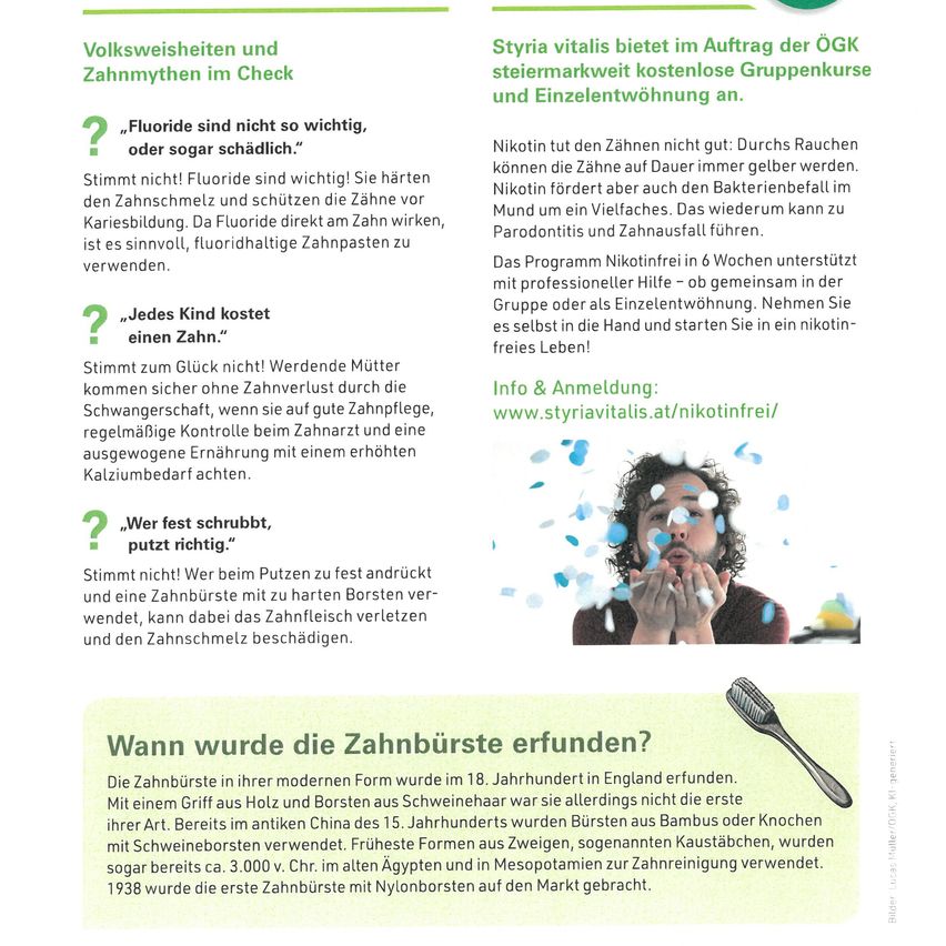 Die Broschüre behandelt die Bedeutung der Mundhygiene, die Rolle von Fluoriden und Zahnputztechniken. Sie bietet auch Informationen über die Geschichte der Zahnbürsten und betont deren Entwicklung von alten Formen zu modernen Nylonbürsten.
