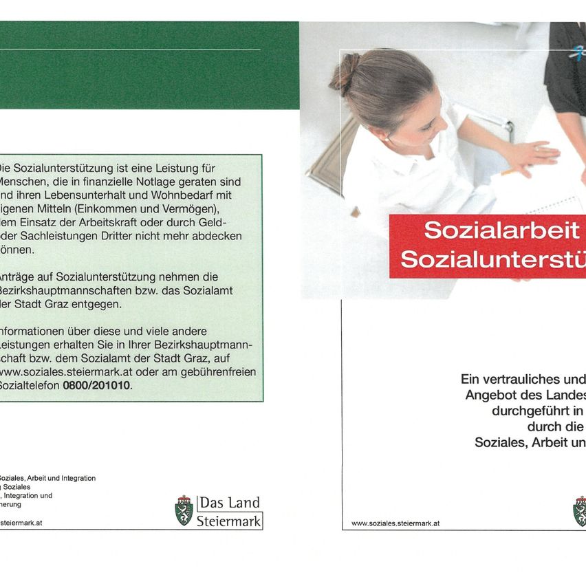 Das Bild zeigt ein Dokument über Sozialhilfe, das deren Zweck, Anspruchsberechtigung und Kontaktdaten für das Sozialamt in Graz erläutert. Es enthält ein Bild einer Person, die mit Papierkram arbeitet.