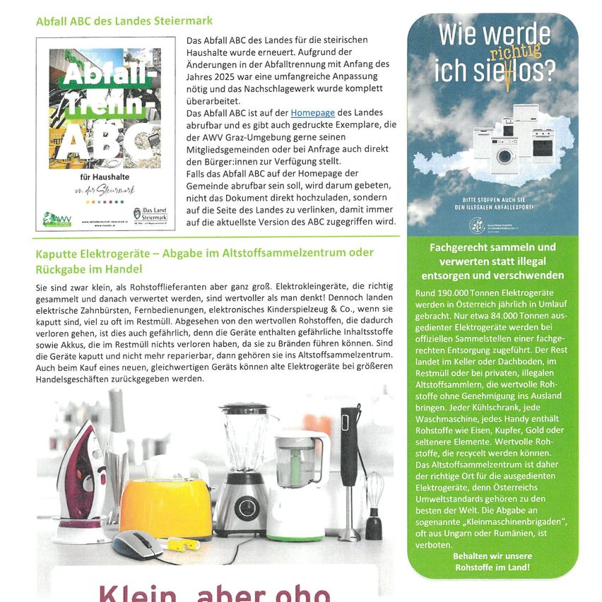Ein Werbeplakat für Abfall ABC des Landes Steiermark informiert über Änderungen in der Abfallentsorgung ab 2025. Abfallentsorgungsstellen akzeptieren keinen Hausmüll mehr. Abfall kann über die Homepage des Landes mit reduzierten Beispielen und Abfalltrennungsrichtlinien entsorgt werden. Abfallentsorgung ist auch direkt an den Gemeindestellen möglich.