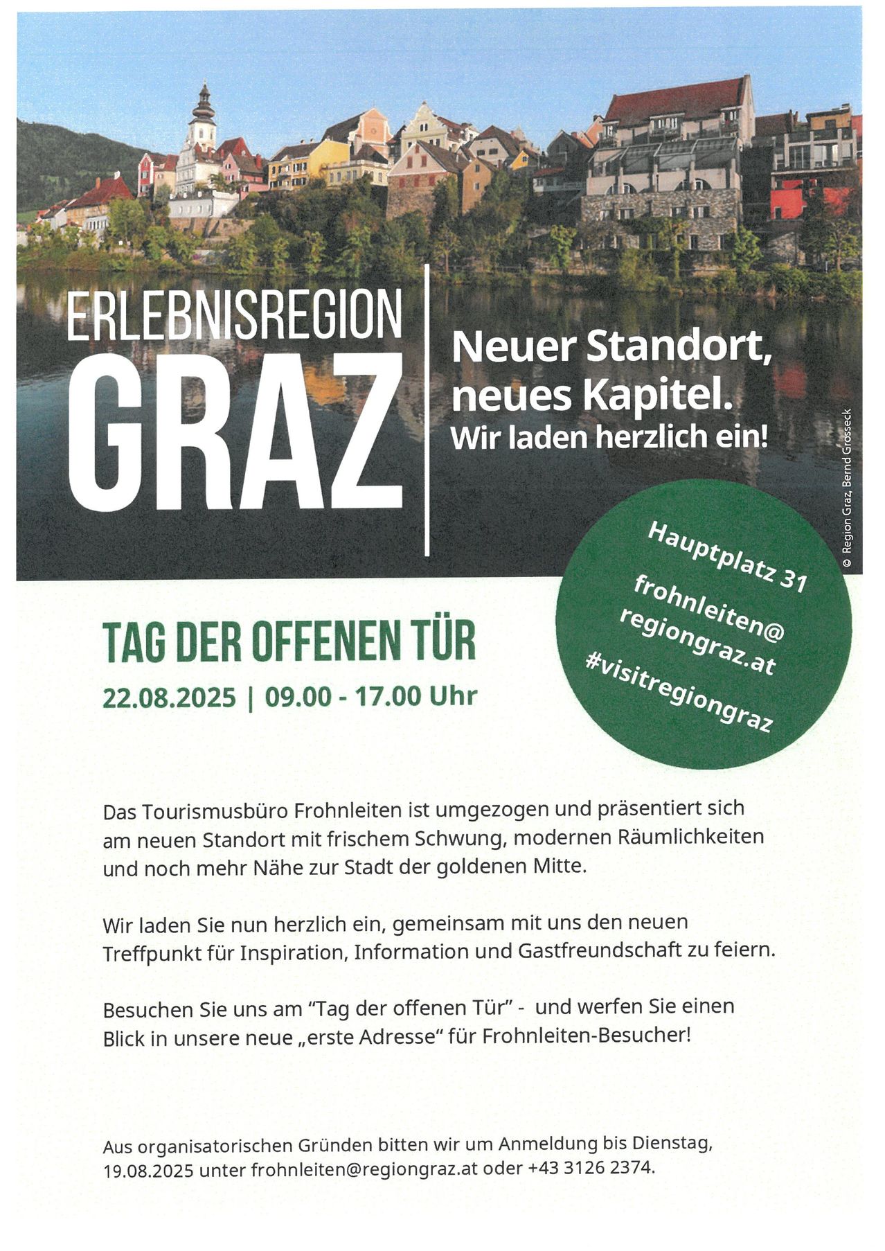 Plakat für den Tag der offenen Tür am neuen Standort des Tourismusbüros Fronlleiten in Graz. Die Veranstaltung findet am 22.08.2025 von 09:00 bis 17:00 Uhr statt. Der Standort befindet sich in der Nähe der goldenen Mitte.