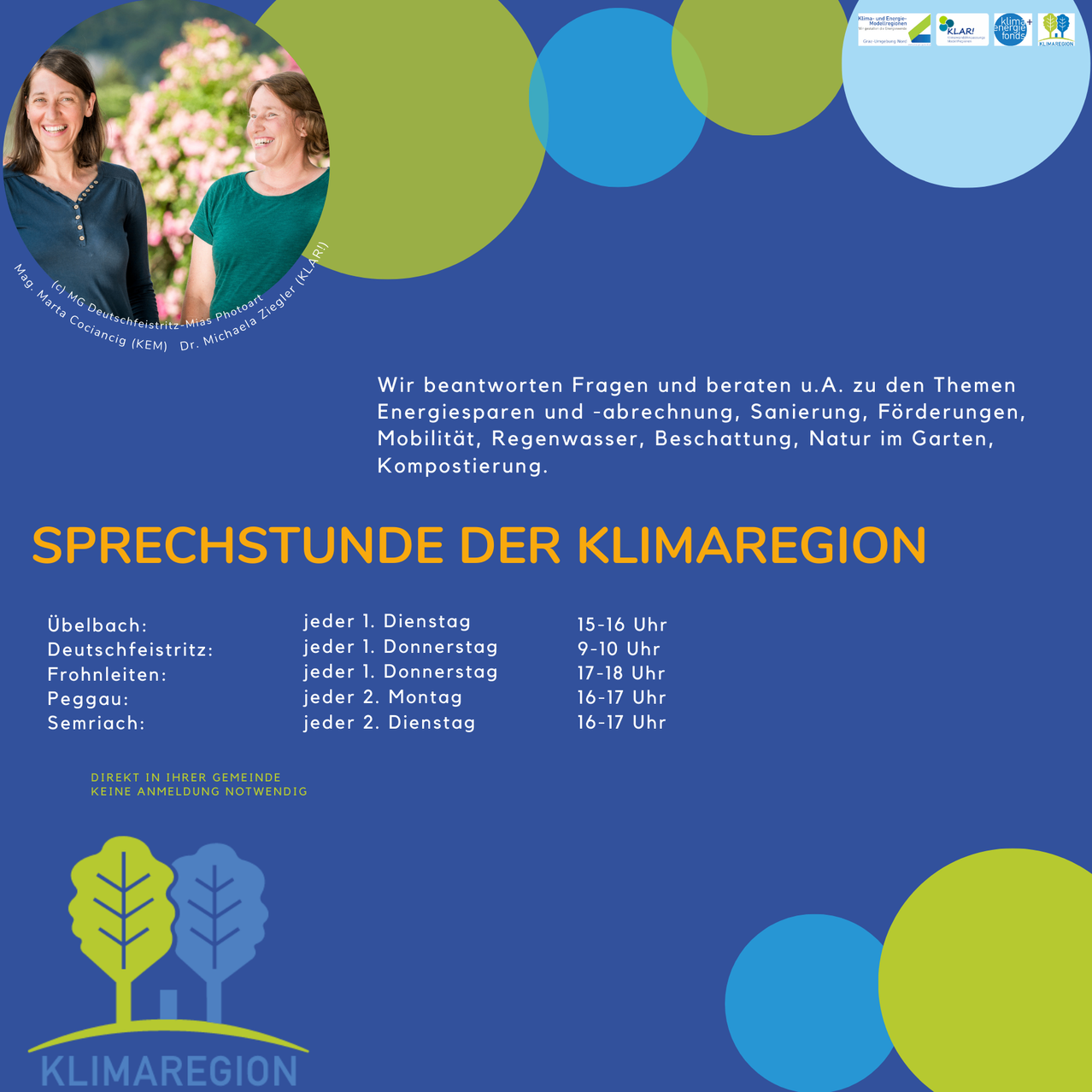 Plakat mit zwei Frauen, die Themen wie Energieeinsparung, Mobilität, Wasser, Natur und Kompostierung besprechen. Zeitplan für die Sprechstunden der Klimaregion beinhaltet Zeiten für Unterstützung in deutscher Sprache.