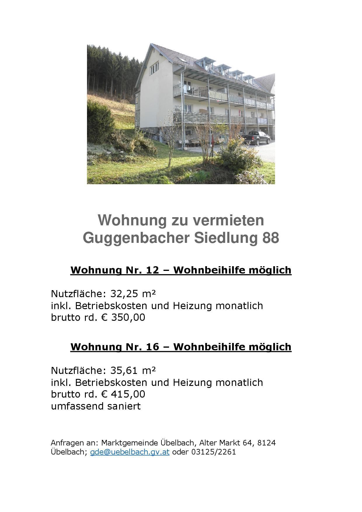 Eine Anzeige für Mietwohnungen in der Guggenbacher Siedlung 88. Wohnung Nr. 12 bietet 32,25 m² für 350 Euro. Wohnung Nr. 16 bietet 35,61 m² für 415 Euro.