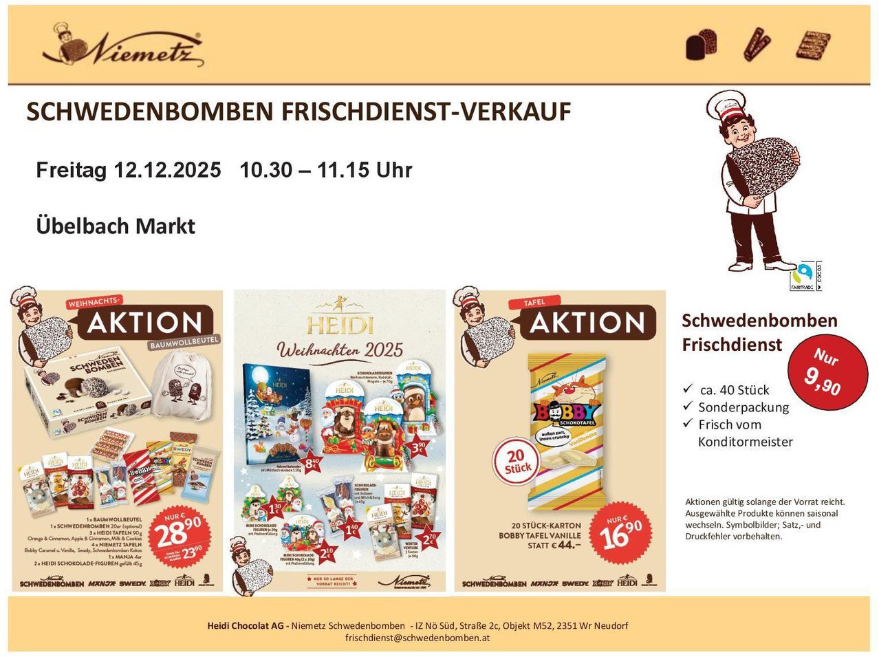 Eine Werbung für Heidel Chocolat AG mit Frischdienst-Verkauf. Das Datum ist der 12. Dezember 2025, und der Verkauf läuft von 10:30 bis 11:15 Uhr. Verschiedene Produkte sind im Angebot, einschließlich Baumwollbeutel, Schokoladen und Snacks.