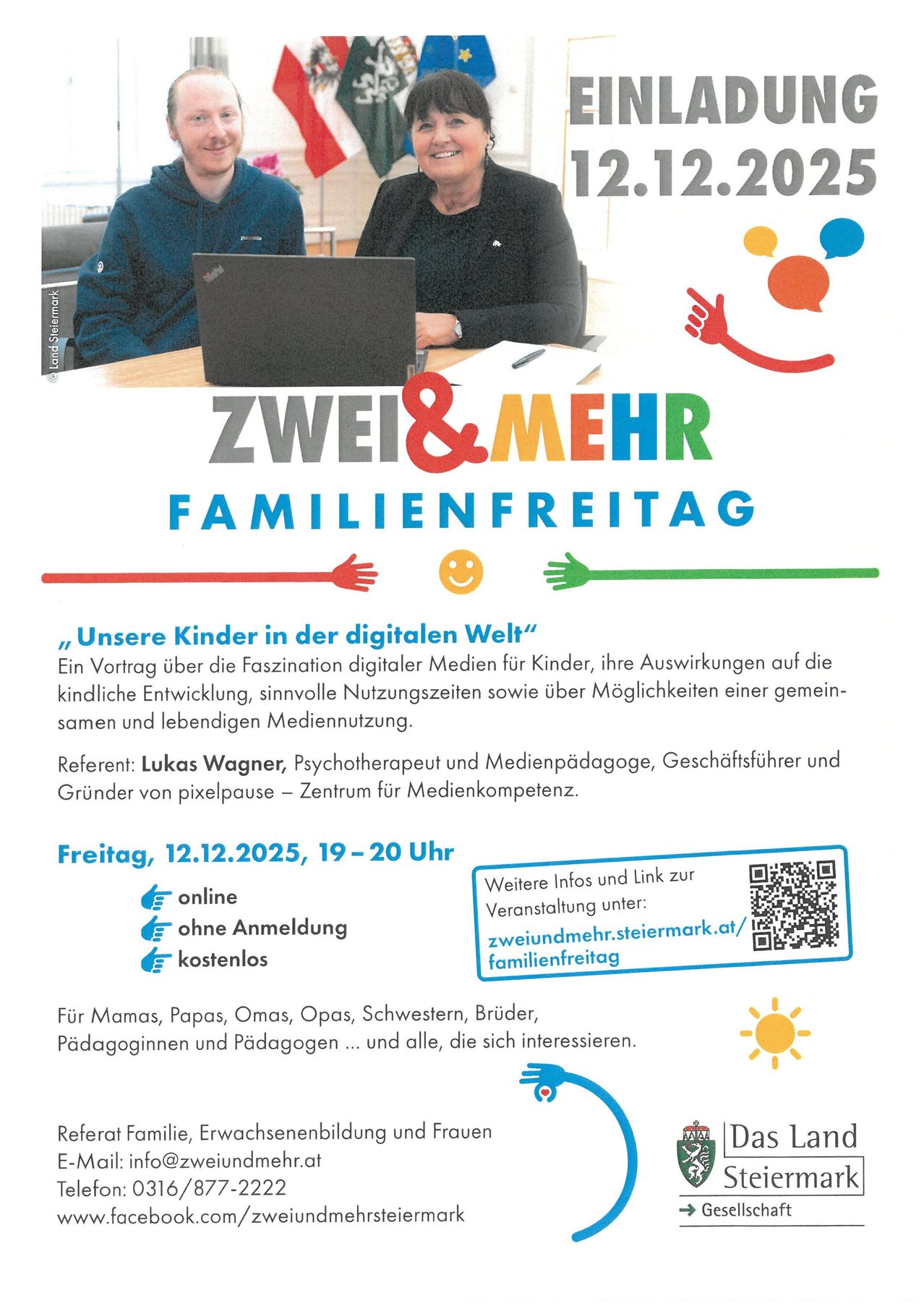 Plakat für einen Familientag über Kinder und digitale Medien. Präsentation von Lukas Wagner über die Auswirkungen digitaler Medien auf Kinder, geplant für Freitag, 12. Dezember 2025. Online-Registrierung verfügbar.