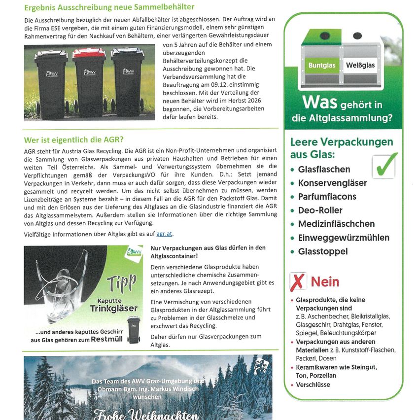 Ein Flyer bewirbt neue Recycling-Behälter mit einer Garantie von ESE Firma. Er beschreibt die Vorteile der Verwendung der Behälter, einschließlich einer 5-jährigen Garantie. Der Flyer erwähnt auch die bevorstehende Lieferung neuer Behälter ab Dezember 2022. Der Flyer enthält eine Frage zum Glasrecycling und listet auf, welche Glasprodukte recycelt werden können und welche nicht. Er bietet auch Kontaktinformationen für weitere Details.