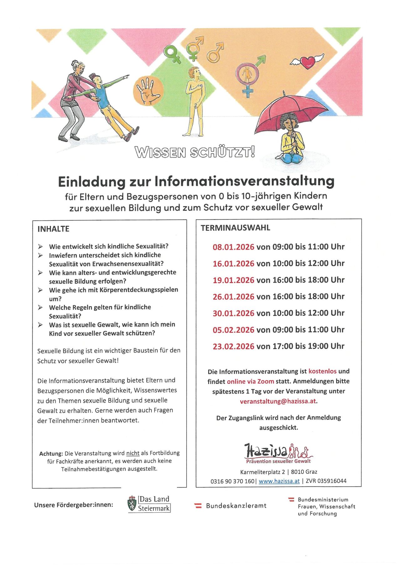 Einladung zur Informationsveranstaltung für Eltern und Bezugspersonen von 0 bis 10-jährigen Kindern über sexuelle Bildung und Schutz vor sexueller Gewalt. Die Veranstaltung bietet Einblicke in kindliche Sexualität, ihre Entwicklung und Sicherheitsregeln. Die Anmeldung ist kostenlos und online.