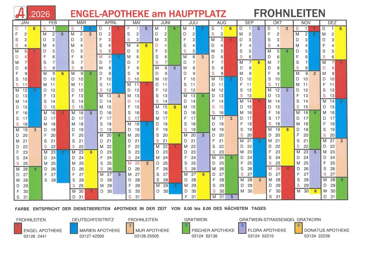 Das Bild ist ein Kalender für die Engel-Apotheke am Hauptplatz. Es listet Wochentage, Daten und die Verfügbarkeit der Apotheke auf. Es enthält auch Kontaktdaten für mehrere Apotheken.