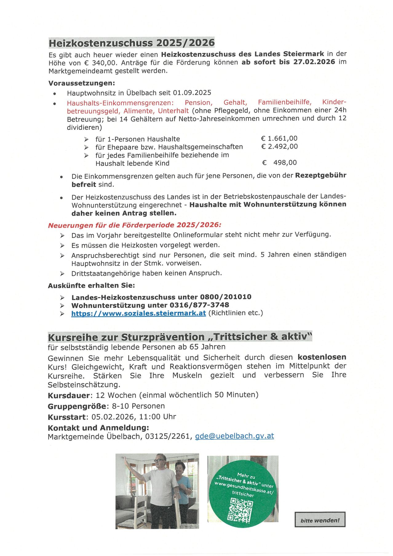 Ein Dokument zeigt finanzielle Informationen für Haushalte in Ubelbach, Österreich, ab dem 1. September 2025. Es enthält Details zu Einkommensgrenzen für Rente, Gesundheit, Familienbeihilfe, Kinderbetreuung, Pflegegeld und Unterhalt. Das Einkommen wird auf der Grundlage eines Nettojahreseinkommens berechnet und durch 12 geteilt. Zusätzliche Details umfassen einen Kurs zur Sturzprävention für Senioren und eine Kontakt-E-Mail.
