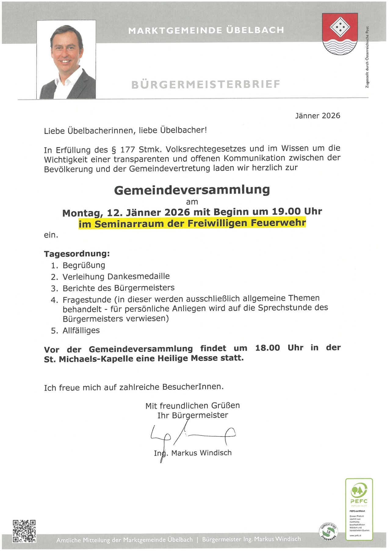 Amtlicher Brief des Bürgermeisters. Eine Gemeindeversammlung ist für den 12. Januar 2026 um 19.00 Uhr im Seminarraum der Freiwilligen Feuerwehr geplant. Vor der Versammlung findet eine Heilige Messe statt.