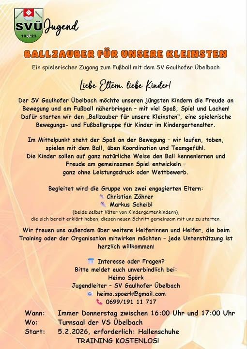 A soccer program for young children by SV Gaulhofer Überbach. It offers playful introduction to soccer with fun, games, and laughter. The program, "Ballzauber für unsere Kleinsten," focuses on movement and soccer skills for kids in kindergarten.