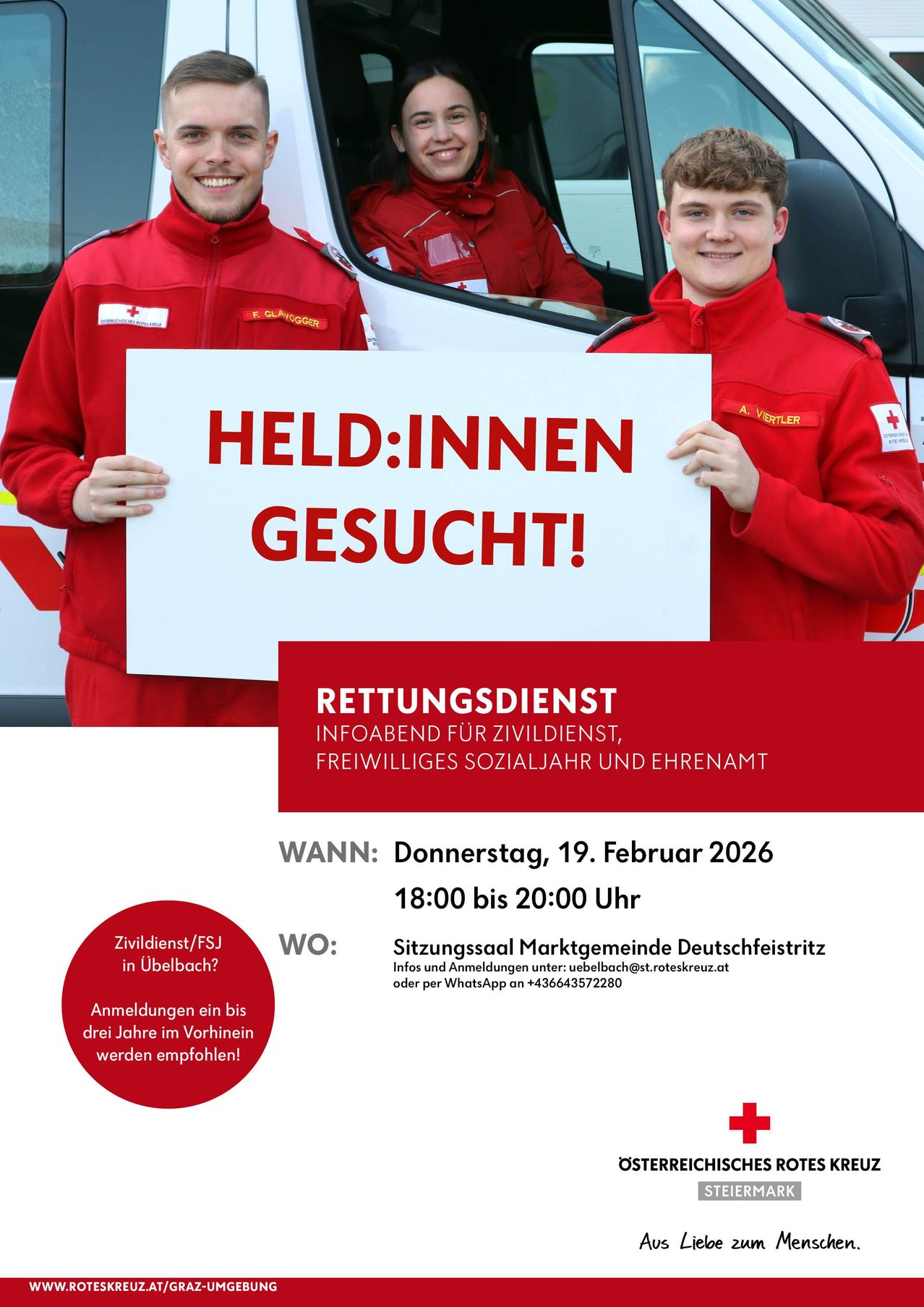 Two men in red uniforms hold a sign that says 'HELD:INNEN GESUCHT!' They are smiling and standing in front of an ambulance. A red and white banner below the sign says 'RETTUNGSDIENST'. There is a date and time for an event on the sign.