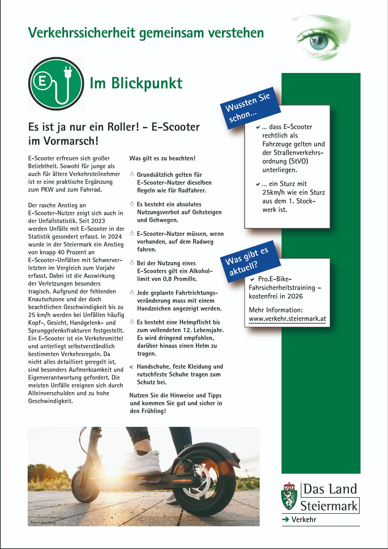 Das Bild behandelt E-Scooter und betont deren Beliebtheit, Sicherheitsvorschriften und Unfallstatistiken. Es wird darauf hingewiesen, dass E-Scooter rechtlich als Fahrzeuge anerkannt sind, mit Regeln ähnlich wie für Radfahrer. Es wird betont, dass Fahrer ihre Umgebung beachten, Helme tragen und Geschwindigkeitsbegrenzungen einhalten müssen. Der Text erwähnt auch die Einführung einer obligatorischen E-Bike-Sicherheitsschulung im Jahr 2026.